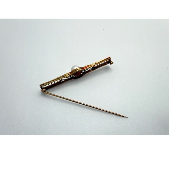 Antique Art Deco 14K Gold Filigree Bar Pin Brooch with Pearl & Diamonds c. 1920s - Picture 6 of 10